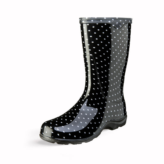 Sloggers Women's Mid-Calf 10" Boot in Black-White Polka Dot