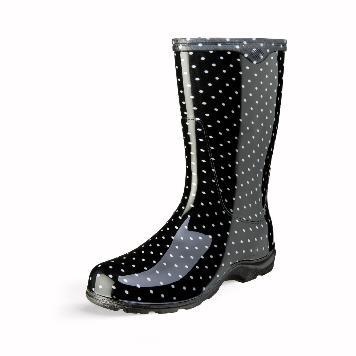 Sloggers Women's Mid-Calf 10" Boot in Black-White Polka Dot