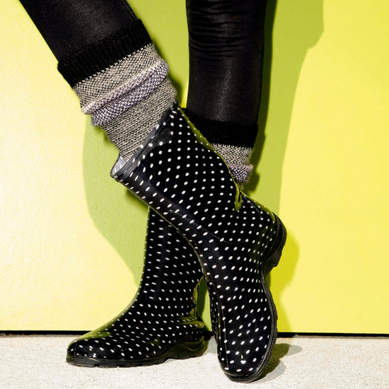 Sloggers Women's Mid-Calf 10" Boot in Black-White Polka Dot