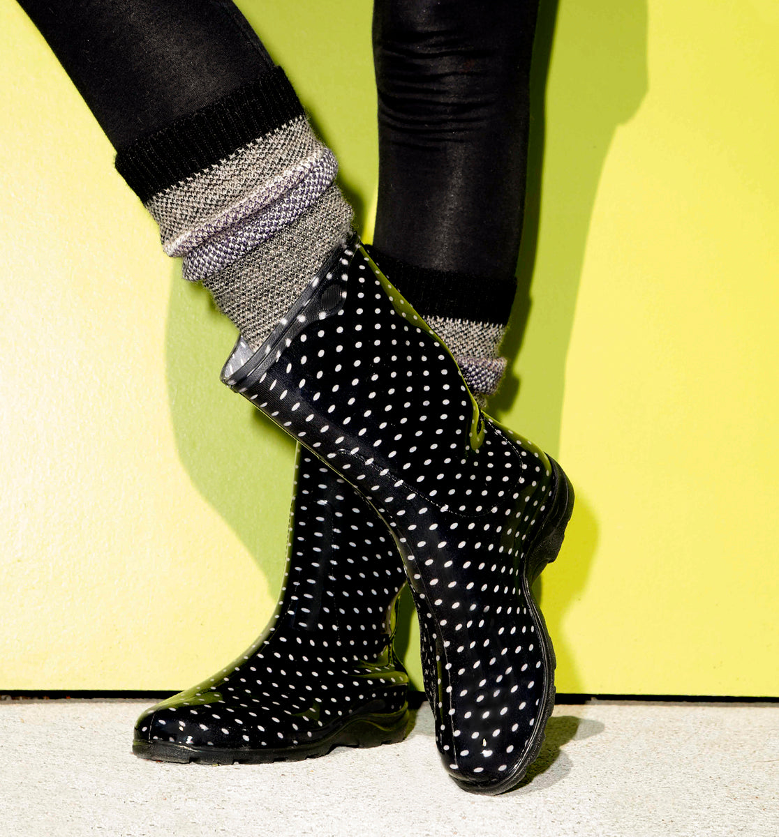 Sloggers Women's Mid-Calf 10" Boot in Black-White Polka Dot