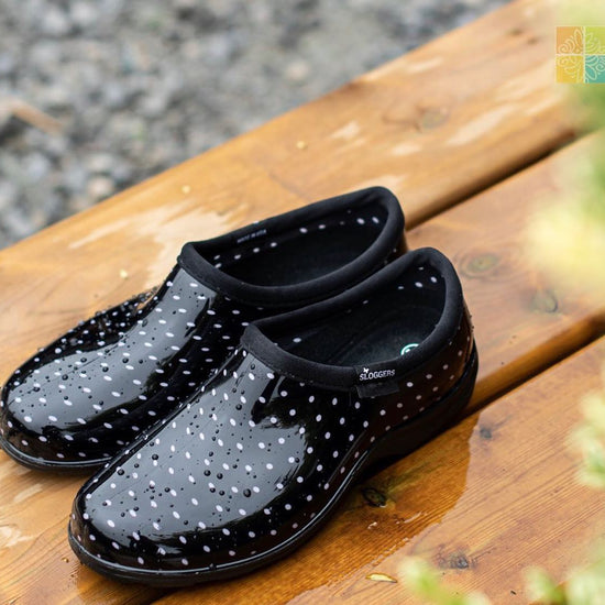 Sloggers Women's Original Garden Shoe in Black-White Polka Dot