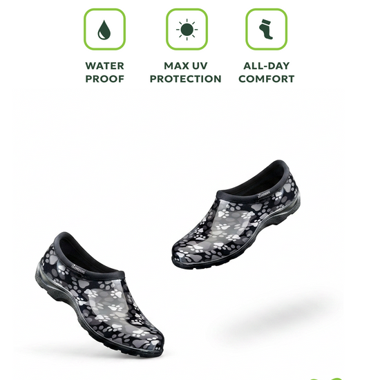 Sloggers Women's Original Garden Shoe in Black-White Paw Print
