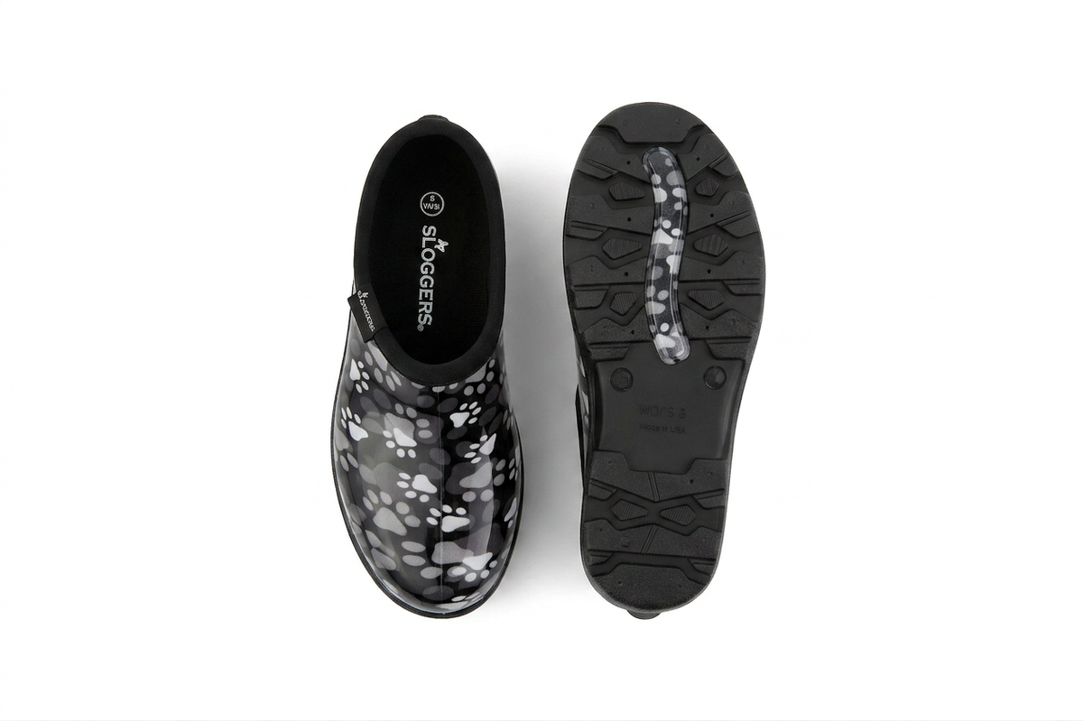 Sloggers Women's Original Garden Shoe in Black-White Paw Print