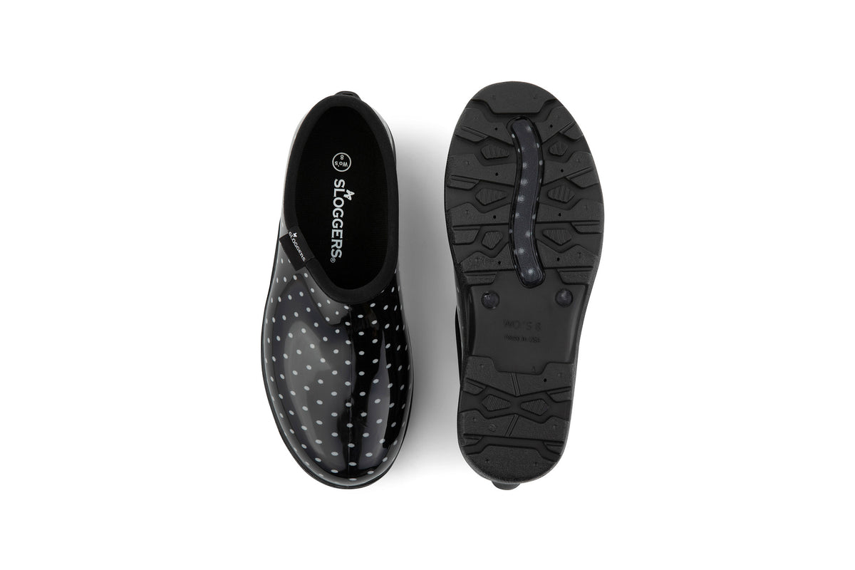 Sloggers Women's Original Garden Shoe in Black-White Polka Dot